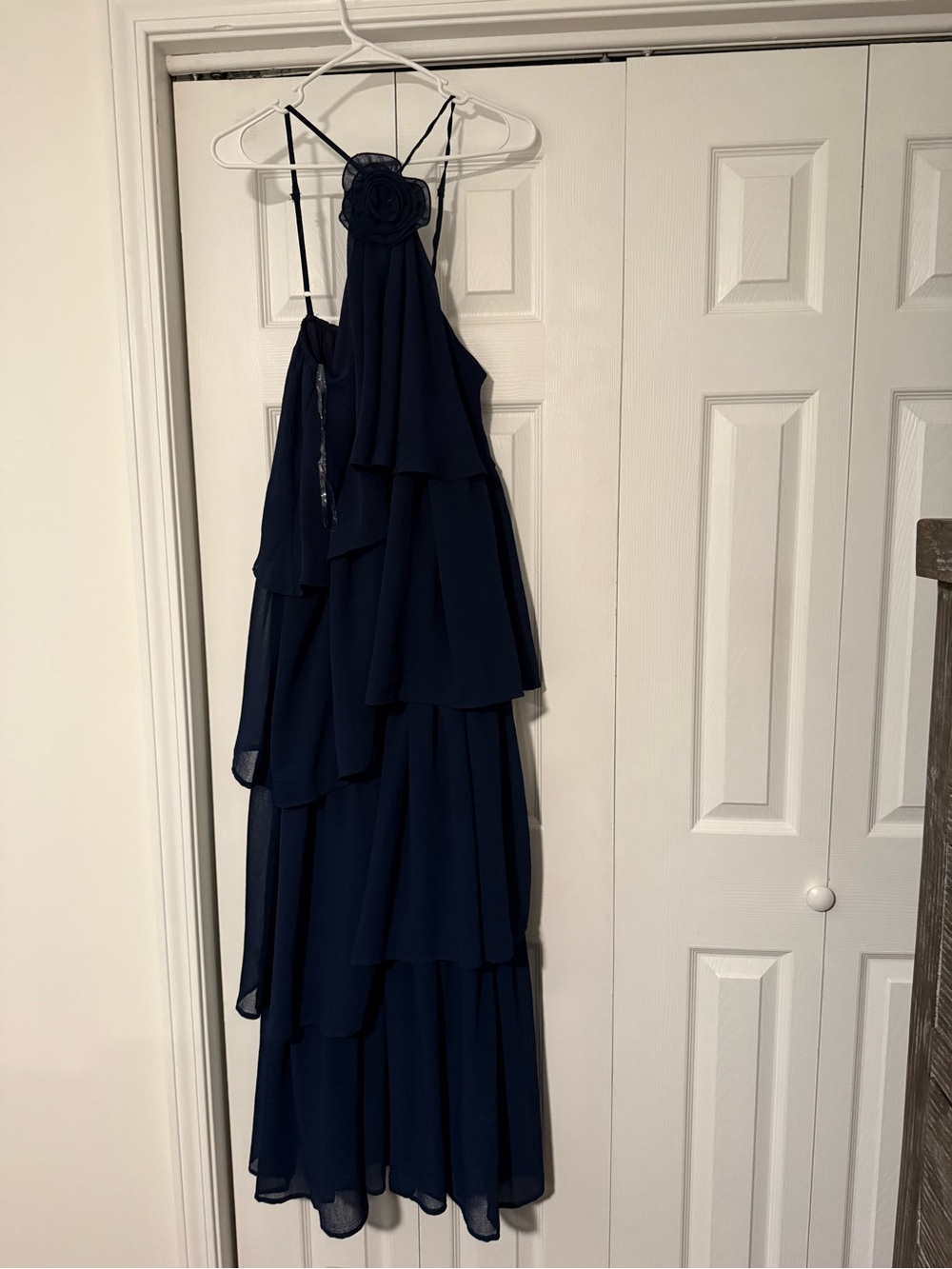 Navy Tiered Ruffle Halter Evening Dress